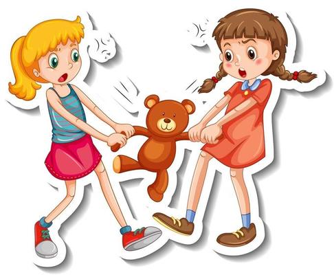 Sticker template with two girls fighting over a teddy bear on white background
