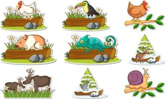 Conjunto de pegatinas con diferentes animales salvajes y elementos de la naturaleza.