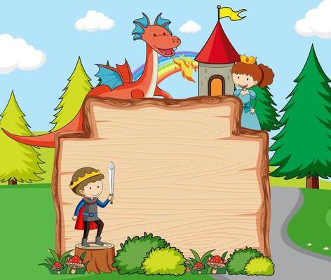 Empty wooden banner in the forest scene with fairy tale cartoon character and elements