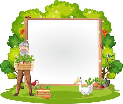 Empty banner with old farmer man in nature scene isolated