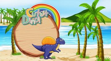 Escena de playa con plantilla de tablero vacío y lindo personaje de dibujos animados de dinosaurio vector