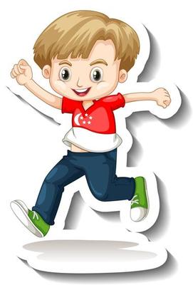 A sticker template with a boy wearing Singapore flag t-shirt cartoon character