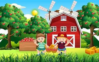 escena de la granja con niño granjero cosecha manzanas vector