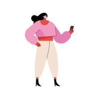 mujer joven, llevando, médico, máscara, utilizar, smartphone vector