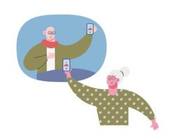 pareja de ancianos usando tecnología en personajes de videollamadas vector