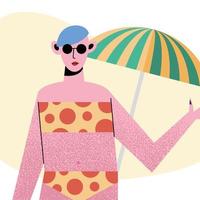 Dibujos animados de mujer de verano con diseño de vector de bikini y paraguas