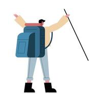 Dibujos animados de hombre excursionista con bolsa y palo hacia atrás diseño vectorial vector