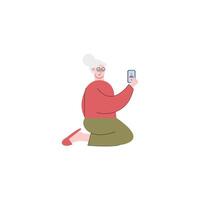 old woman seated using smartphone technology character vector