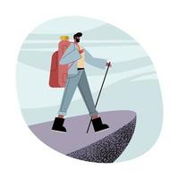 Hiker man cartoon with bag and stick on cliff vector design