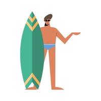 Dibujos animados de hombre de verano con diseño de vector de traje de baño y tabla de surf