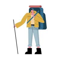 Hiker man cartoon with bag and stick vector design