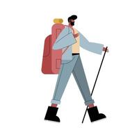 Hiker man cartoon with bag boots and stick vector design