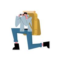 Hiker man cartoon with bag and binoculars vector design