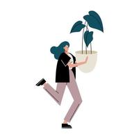 mujer joven levantando el personaje de la planta de interior vector