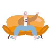 grandfather using smartphone technology seated in sofa vector