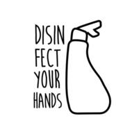 disinfect your hands lettering campaign with soap bottle hand made line style vector