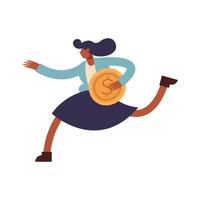 caricatura, mujer de negocios, con, moneda, funcionamiento, vector, diseño vector