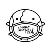 wear your mask lettering campaign in earth planet wearing face mask line style vector