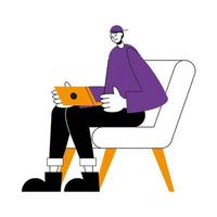 caricatura de hombre en silla con diseño de vector de laptop