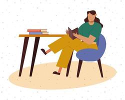 Woman at desk reading a book at home vector design