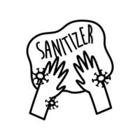 sanitizer your hands lettering campaign with hands and particles line style vector