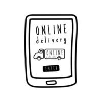 online delivery lettering campaign with truck in smartphone line style vector