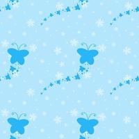 Color seamless pattern of cute blue silhouettes of butterflies on a background of falling small flowers. Simple flat vector illustration. Suitable for Wallpaper, fabric, wrapping paper, covers.