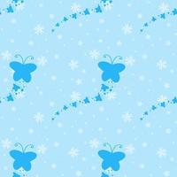 Color seamless pattern of cute blue silhouettes of butterflies on a background of falling small flowers. Simple flat vector illustration. Suitable for Wallpaper, fabric, wrapping paper, covers.