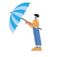 man wearing medical mask with umbrella character vector