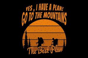 camiseta silueta senderismo montaña pino árbol retro vector