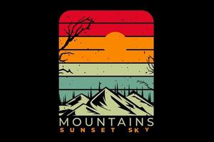 camiseta silueta montaña pino retro puesta de sol vector