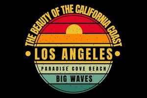 T-shirt california coast waves sunset retro style vector