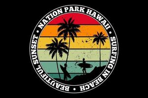 T-shirt nation beach hawaii sunset surfing retro style vector