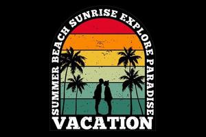 camiseta vacaciones amanecer verano paraíso estilo retro vector