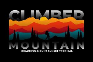 T-shirt climber mountain pine tree sunset vector