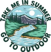 camiseta verano al aire libre naturaleza vida lago dibujado a mano retro estilo vintage vector