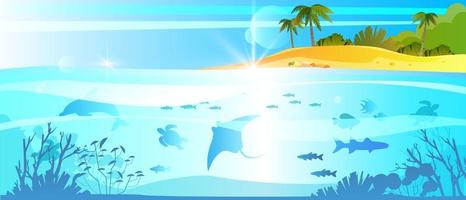 Summer vacation banner, ocean underwater diving background, tropical island, stingray, dolphin vector