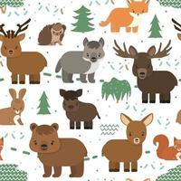 Vector seamless pattern with forest animals. Hedgehog bear deer fox wolf boar hog hare elk in the forest on white background, flat style