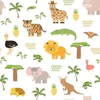 Safari summer animals seamless pattern. Cute vector chameleon, crocodile, lion, tiger, elephant, flamingo, giraffe, bat, kangaroo, ostrich, baobab, palm, plants