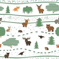 Cute childish forest animals seamless pattern. Wolf fox bear deer doe elk squirrel hare bat turtle hedgehog. Vector illustration on white background