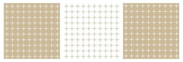 Set of three beige and white geometric patterns. Abstract squares and empty dots, intersection of two broken lines. All shapes are distorted vector