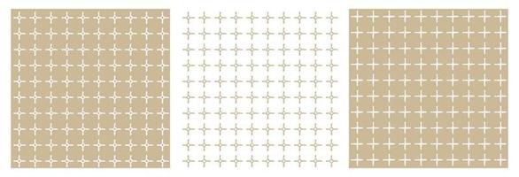 Set of three beige and white geometric patterns. Abstract squares and empty dots, intersection of two broken lines. All shapes are distorted vector