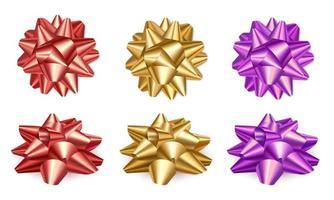 Set of bright gift bows realistic Accessory for gift wrapping Top view and side view Isolated on a white background Vector illustration