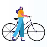 mujer vistiendo máscara médica montando bicicleta actividad vector