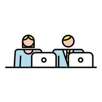 business couple with laptop avatars characters workers vector