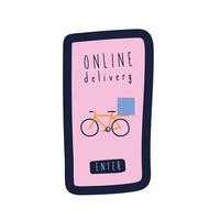 Campaña de rotulación de entrega onflat con bicicleta en estilo plano para smartphone vector