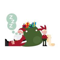 navidad santa claus durmiendo en saco con duende vector