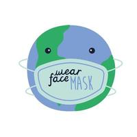 wear your mask lettering campaign in earth planet wearing face mask flat style vector