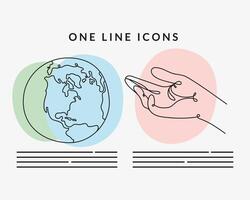 hand receiving and earth planet one line style icon vector