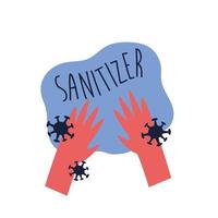 sanitizer your hands lettering campaign with hands and particles flat style vector